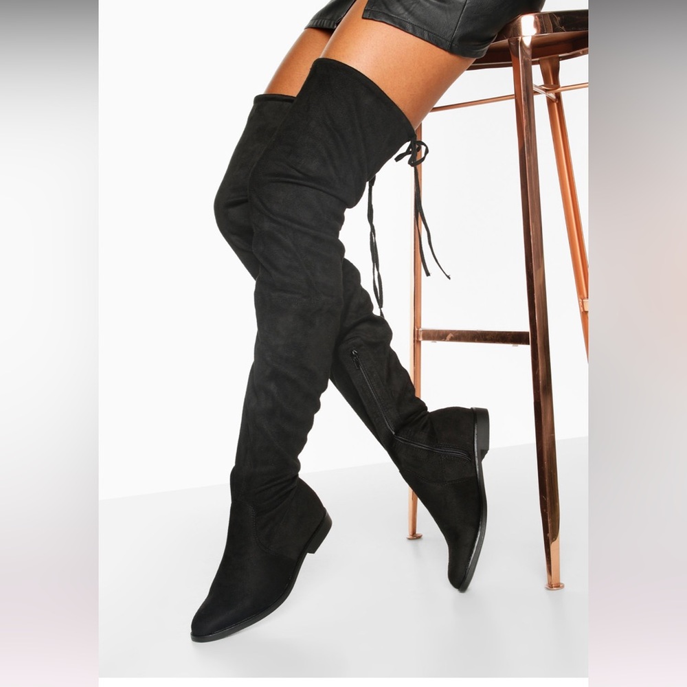 Over the knee flat black faux suede boots